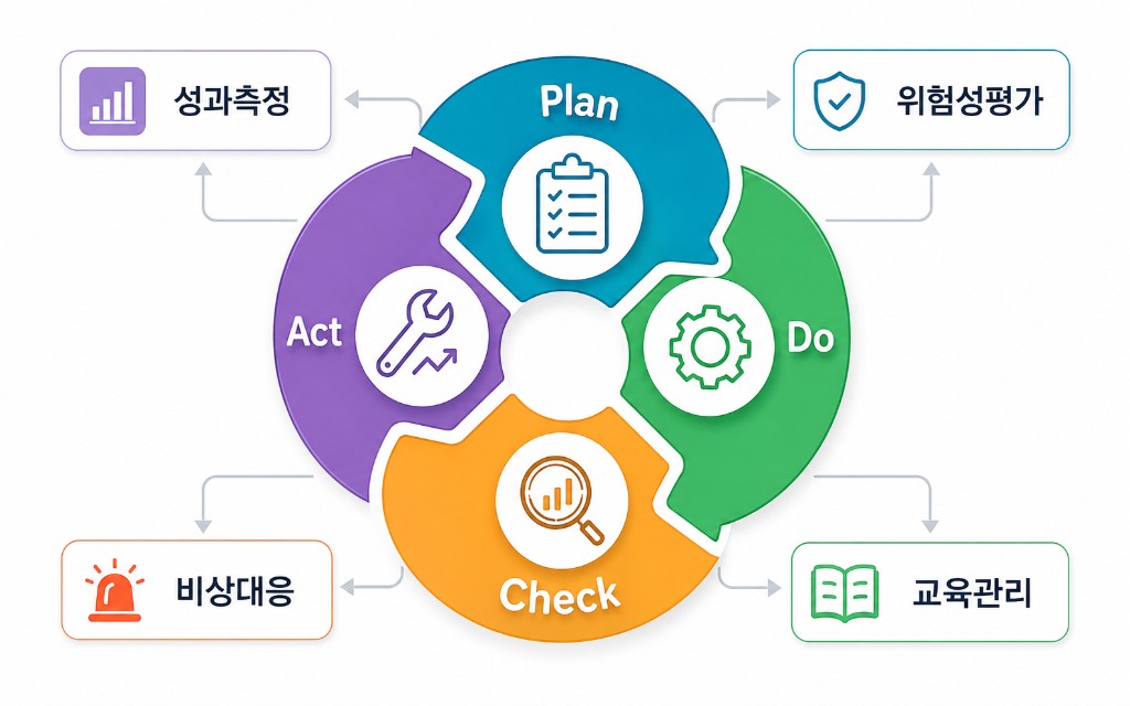 안전보건 PDCA 체계: Plan 위험성평가, Do 교육관리, Check 성과측정, Act 비상대응